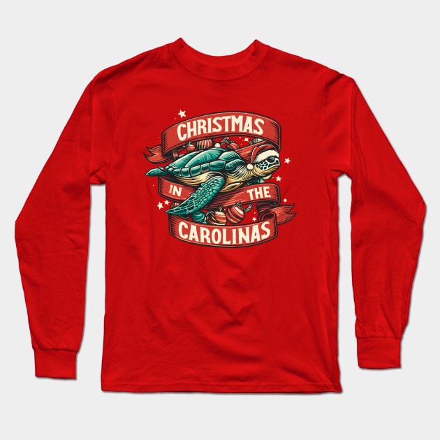 Christmas In The Carolinas Sea Turtle With Santa Hat Long Sleeve T-Shirt by SubtleSplit